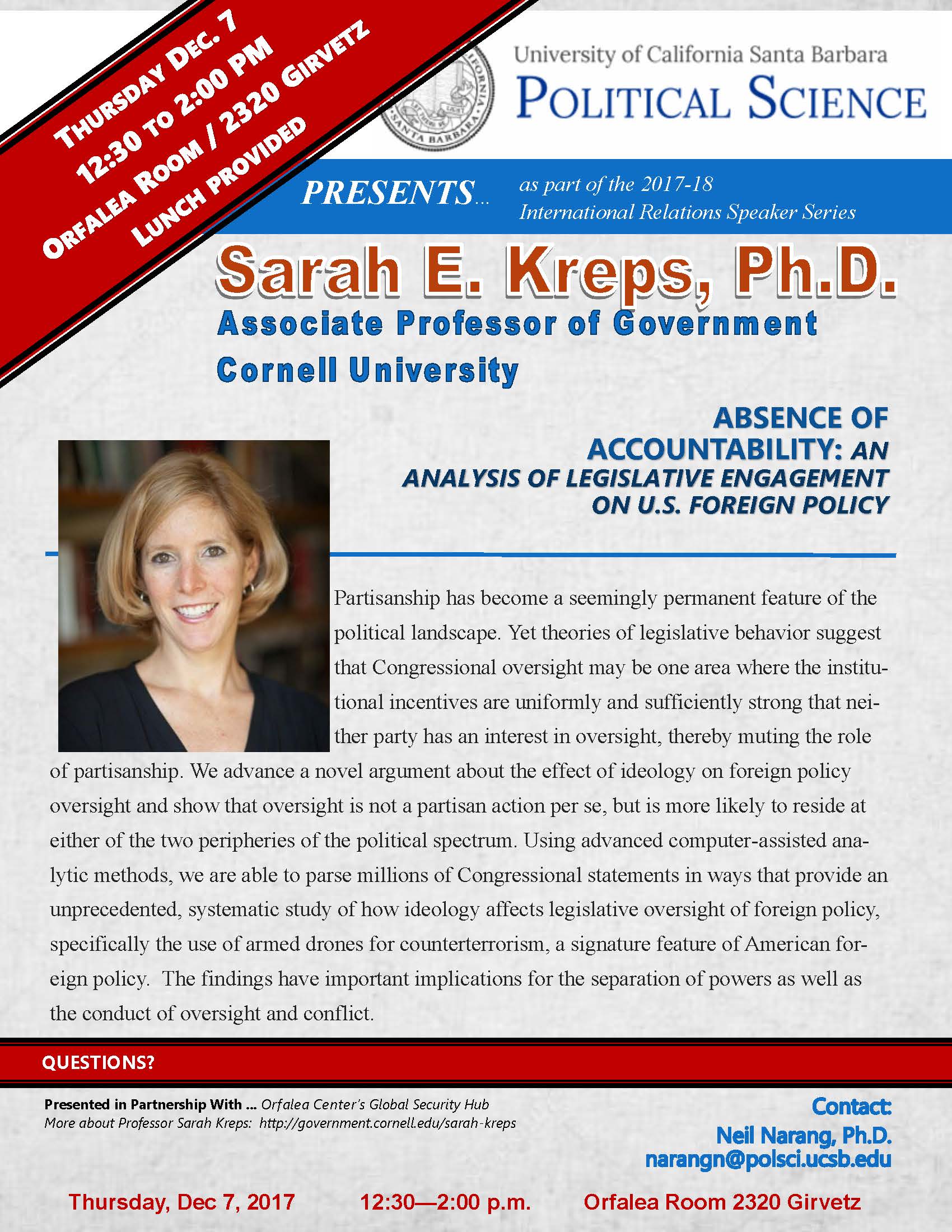 International Relations Speaker Series:  Sarah Kreps, Ph.D. Event Image