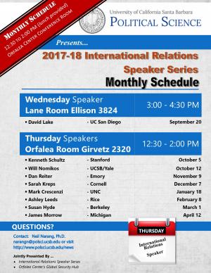 Schedule for International Speaker Series (January 18, February 8, March 1, April 12 in 2320 Girvetz)