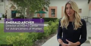 Screenshot of video with caption of Emerald Archer, Director of MSMU Center for Advancement of Women
