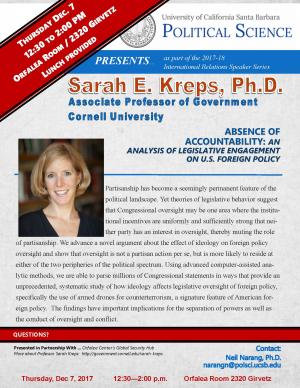 Flyer for Sarah Kreps on December 7 from 12:30 to 2:00 in the Orfalea Center Conference Room (2320 Girvetz)