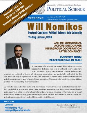 Flyer for Nomikos Talk. October 12, from 12:30 to 2:00 pm